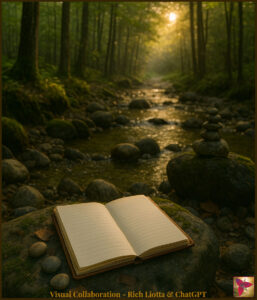 A journal on a rock before a woodland creek.