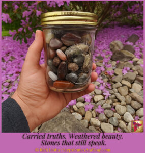 Holding a jar of stones overlooking a rocky garden.