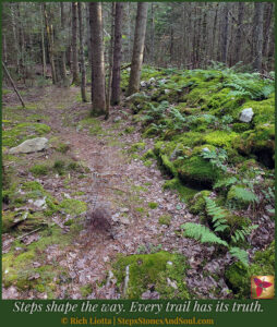 Path with moss covered stone piles along the side of trail.
