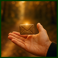 A welcoming hand with a small stone envelop hovering about the hand to invite you to sign up for my emails to join the journey.