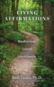 Book cover for Living Affirmations. Path through the forest between tall trees. 